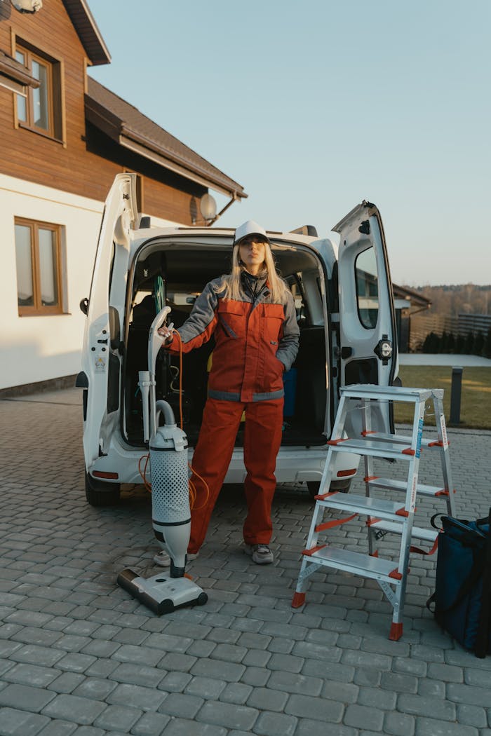 A cleaner in uniform stands beside a van with cleaning tools outside a modern house at sunset.